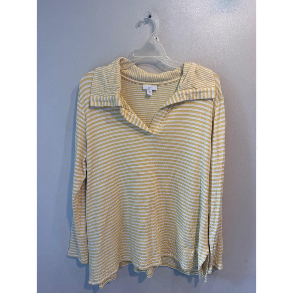 J. Jill Womens Large Petite Yellow White Striped Cotton Long Sleeve Button Top